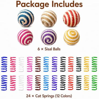 Cat Toys for Indoor Cats, 6 Sisal Balls & 24 Colorful Springs