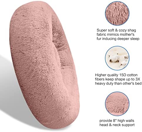 SAVFOX 54 inches Calming Donut Dog Bed - 3X Durable Plush Faux Fur, Machine Washable & Non-Slip, Fits up to 210 lbs, Removable Cover, Pink