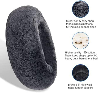 SAVFOX 54 inches Calming Donut Dog Bed - 3X Durable Plush Faux Fur, Machine Washable & Non-Slip, Fits up to 210 lbs, Removable Cover, Dark Grey