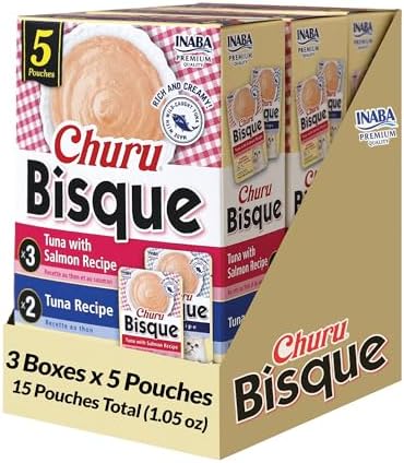 INABA Churu Bisque for Cats, Creamy Purée Side Dish Pouch, 1.05 oz Pouches, 15 Pouches Total, Tuna Variety