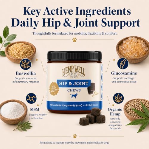 Hemp Well Hip & Joint Dog Soft Chews with Glucosamine & Hemp, MSM, 60 Count