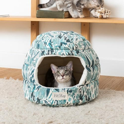 Fringe Studio Pastel Floral Soft Teal 2-in-1 Pet Hut/Pet Bed with Removable Cushion 14" H x 15" W x 15" D, 100% Cotton Canvas Exterior w/Foam Filling, Machine Washable, PetShop Collection (209007)