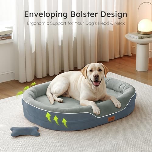 CWAWZ XXL Orthopedic Dog Bed, 53 in. Dog Bed for Large Sized Dogs with Full-Surround Bolsters, Dual-Sided Dog Cooling Beds with Memory Foam, Washable Pet Sofa Couch with Nonslip Bottom, Dark Grey