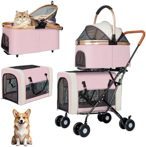 Double Pet Stroller for Dogs and Cats: Dog Stroller Foldable Travel Carriage with Detachable Carriers, Safety Belts, and 4 Lockable Wheels for Small to Medium Pets – Ideal for Multi-Pet Homes (Black)