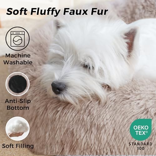 Calming Round Dog Bed & Cat Bed for Indoor Cats, Medium Size Washable Anti-Slip Anti-Anxiety Donut Dog Beds for Small Dogs & Cats, Fluffy Plush Soft Dog Bed(20 Inch, Light Brown)