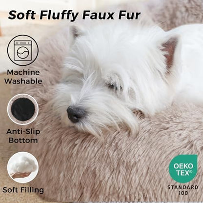 Calming Round Dog Bed & Cat Bed for Indoor Cats, Medium Size Washable Anti-Slip Anti-Anxiety Donut Dog Beds for Small Dogs & Cats, Fluffy Plush Soft Dog Bed(20 Inch, Light Brown)
