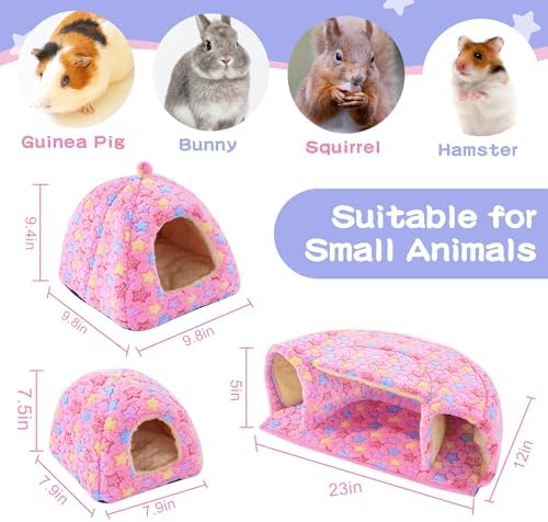 MABOZOO 3 Pack Guinea Pig House Accessories, 2 Cozy Guinea Pig Bed and Hideout Tunnel, Chinchillas Hideout for Hamster, Rabbit, Bunny, Chinchillas (Pink, L)