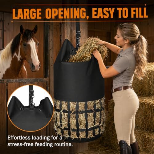 Hay Bags for Horses Slow Feed, Cylindrical Hay Net with Rounded Diamond Mesh, Durable Oxford Horse Hay Feeder Bag with Drawstring Top & Adjustable Strap for Goats Donkeys Livestock