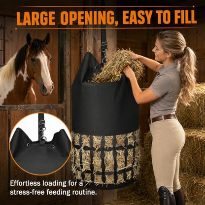 Hay Bags for Horses Slow Feed, Cylindrical Hay Net with Rounded Diamond Mesh, Durable Oxford Horse Hay Feeder Bag with Drawstring Top & Adjustable Strap for Goats Donkeys Livestock