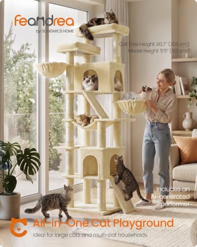 Feandrea Large Cat Tree, 81.1" Tall Sturdy Cat Tower for Indoor, Beige