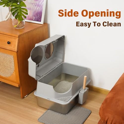 Stainless Steel Cat Litter Box Enclosed,Metal Litter Box with Lid