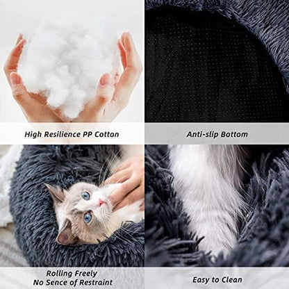 Cat Beds for Indoor Cats - Cat Bed Washable 20 inches, Dog Beds for Small Medium Dogs, Anti Anxiety Round Fluffy Plush Faux Fur Pet Bed, Thick Bottom (Dark Grey, Medium)