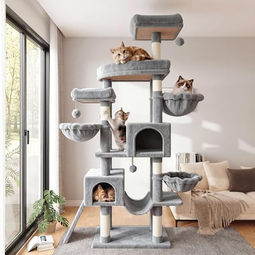 SHA CERLIN 82 inch Cat Tree Tower, Multi-Level Cat Condo with Plush Perches, Sisal Scratching Posts, Hammock and Toys, Stable Cat Tower for Kittens and Adult Cats, Grey