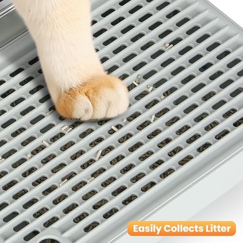 Litter Box Step, Litter Box Ramp/Catcher with Wooden Base, Anti-Tracking & Easy to Clean, Ideal for Big Cats and Automatic Litter Boxes 15.8" x 11.8" x 5.9" (Gray)