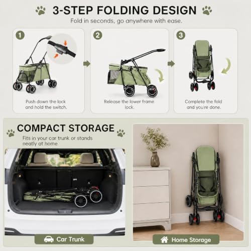 YYW Double Pet Stroller Foldable 2 Carriages Lockable Wheels Green Beige