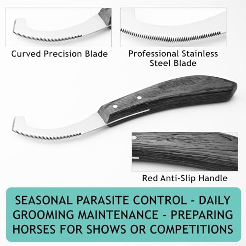 Pro Farrier Grooming Bugs Bot Knife– Stainless Steel Blade, Wooden Handle, Multi-Purpose Mane and Coat Cleaning Tool for Horses, Goats, and Cattle (Black)
