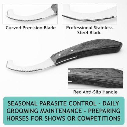 Pro Farrier Grooming Bugs Bot Knife– Stainless Steel Blade, Wooden Handle, Multi-Purpose Mane and Coat Cleaning Tool for Horses, Goats, and Cattle (Black)