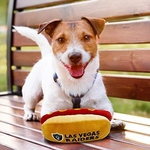 Pets First NFL LAS Vegas Raiders HOT Dog Plush Dog - Cutest HOT-Dog Snack Plush Toy for Dogs & Cats with Inner Squeaker & Beautiful Football Team Name/Logo,Team Color,8 x 5 x 3 Inches,OAK-3354