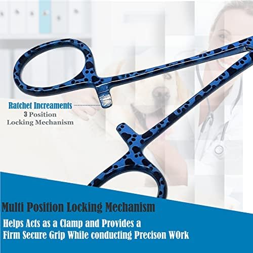 Dog Pet Ear/Nose Hair Puller Grooming Hemostat Locking Forceps Curved Pliers, 5.5" (14cm) Full Serrated Clamps Stainless Steel (Blue Paws)