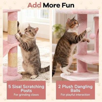 DORTALA 75" Tall Modern Cat Tree, Multi-Level Cat Tower with Large Condos, Sisal Scratching Posts, Top Perch, Hammock, Dangling Balls, Kitten Beds & Climbing Furniture for Indoor Cats (Pink)