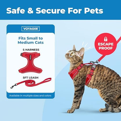 Voyager Escape-Proof Step-in Lock Cat Harness & 5ft Neoprene-Handle Leash Set All-Weather Mesh with Reflective Stitching for Small to Large Cats by Best Pet Supplies, Red (327), M