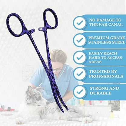 Dog Pet Ear/Nose Hair Puller Grooming Hemostat Locking Forceps Curved Pliers, 5.5" (14cm) Full Serrated Clamps Stainless Steel (Purple Paws)