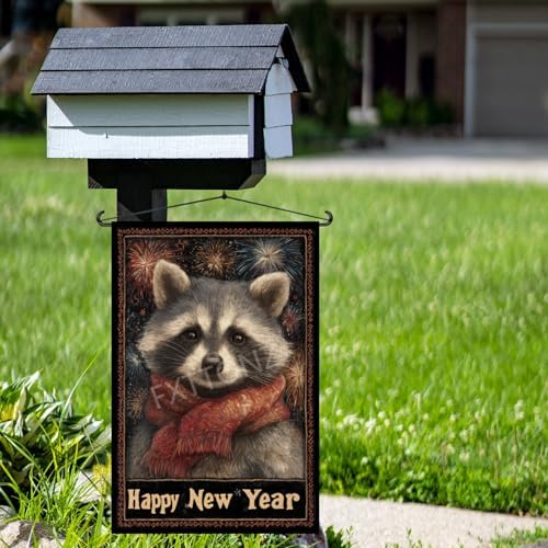 Happy New Year Garden Flag 12x18 Double Sided Vertical Linen Small Fireworks Raccoon House Flag Welcome Holiday Winter House Outdoor Outside Decorations (27168)