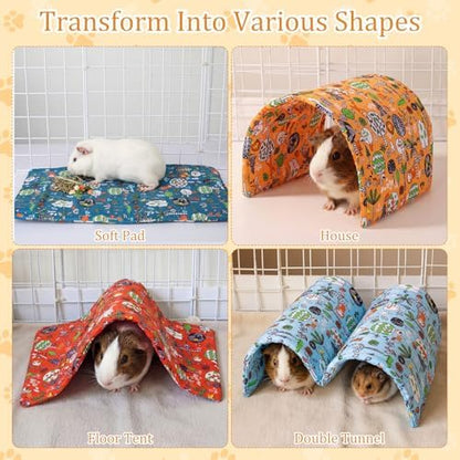 BreezeHug 4 Pcs Guinea Pig Tunnel Foldable Rabbit Hideout Washable and Soft Bunny Hide House Ferret Tunnel Toys Cage Accessories for Small Animal Hamster Hedgehogs Chinchilla(Doodle Forest)