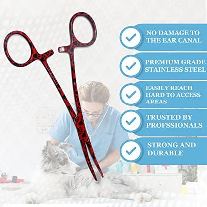 Dog Pet Ear/Nose Hair Puller Grooming Hemostat Locking Forceps Curved Pliers, 5.5" (14cm) Full Serrated Clamps Stainless Steel (Red Paws)