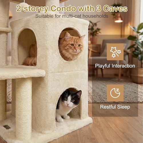 DORTALA Cat Tree for Indoor Cats, 33.5" Cat Tower with 2-Storey Condo, Top Perch, Sisal Scratching Posts, Dangling Ball, Platform, Multi-Level Pet Climbing Furniture Activity Center (Beige)