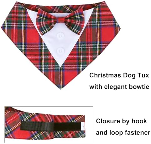 ADOGGYGO Christmas Dog Tuxedo Bandana, Red Plaid Pet Chritstmas Collar with Bowtie, Adjustable Christmas Costume for X-Large Dogs Pets (XL)