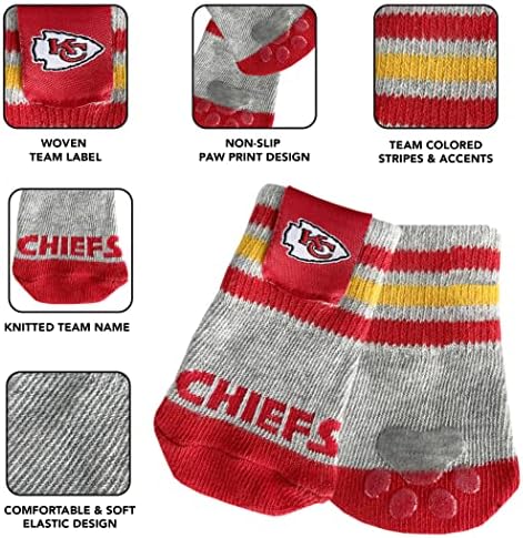 NFL Kansas City Chiefs Anti Slip Dog Socks with Elastic Ribbed Top, Size X-Small/Small. Indoor/Outdoor Socks, Best Dog Paw Protector, 2 Pairs, Cool Puppy Supplies with NFL Logo of Chiefs Team