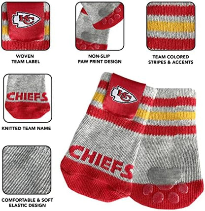 NFL Kansas City Chiefs Anti Slip Dog Socks with Elastic Ribbed Top, Size X-Small/Small. Indoor/Outdoor Socks, Best Dog Paw Protector, 2 Pairs, Cool Puppy Supplies with NFL Logo of Chiefs Team
