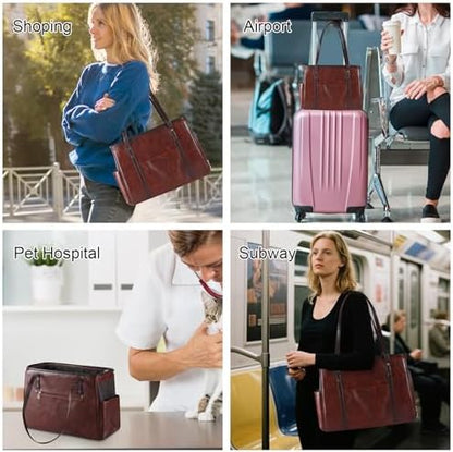 Fashion Dog Carrier Purse, Premium Leather Cat Carrier Bag, Airline Approved Soft Sided Pet Travel Tote Bag with Pockets Coffee