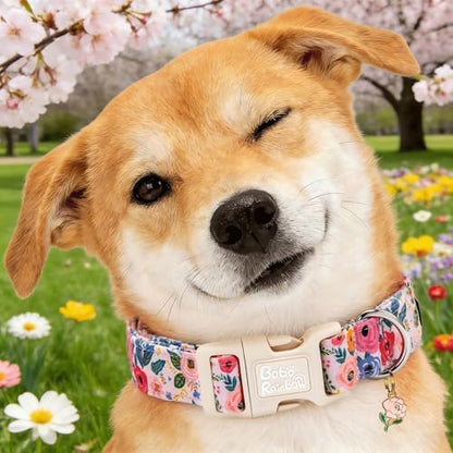 Spring Light Pink Floral Print Dog Collar for Medium Dogs