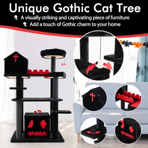 PETSITE 49 inch Gothic Cat Tree, Multi-Level Halloween Goth Cat Tree Tower with Coffin Bed, Scratching Posts, 2 Condos, Cozy Top Perch, Bat-Shaped Teasing Balls, Black
