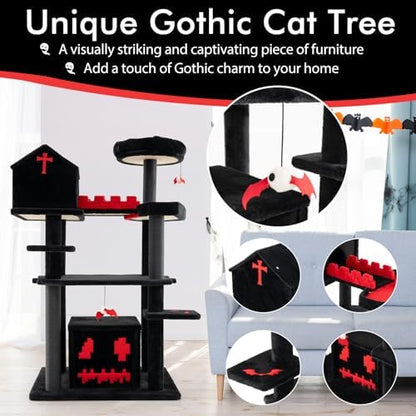 PETSITE 49 inch Gothic Cat Tree, Multi-Level Halloween Goth Cat Tree Tower with Coffin Bed, Scratching Posts, 2 Condos, Cozy Top Perch, Bat-Shaped Teasing Balls, Black