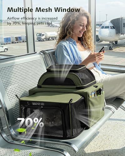 Pecute Top Expandable Airline Approved Pet Carrier for Cats, Olive Green