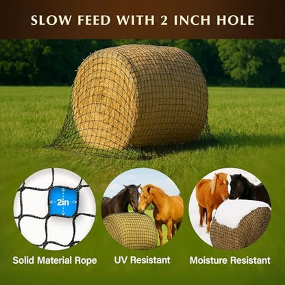 4x4 Ft Round Bale Hay Net for Horses – Knotless Slow Feeder Net with 2” Holes – Fits 4x4 Round Bales – Helps Reduce Hay Waste – Durable Outdoor Hay Feeder for Horses, Year-Round Use, Easy to Use