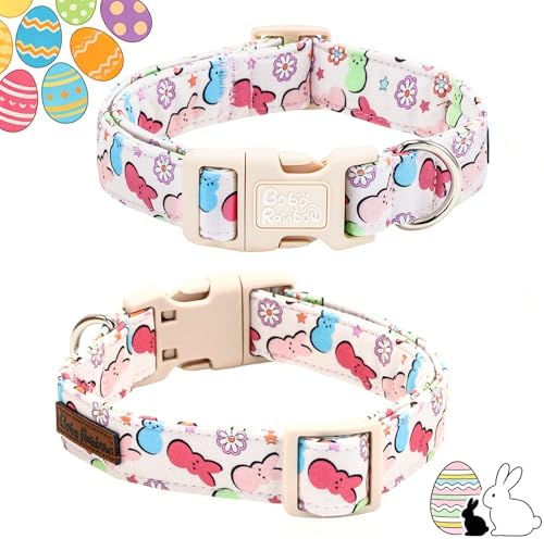Dog Collars, Easter Colorful Rabbit Print Cotton Collar Holiday Adjustable Light Plastic Buckle Collar with Bow Pet Collar Gift for Large Dogs