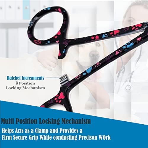 Dog Pet Ear/Nose Hair Puller Grooming Hemostat Locking Forceps Curved Pliers, 5.5" (14cm) Full Serrated Clamps Stainless Steel (Black Multi Paws)