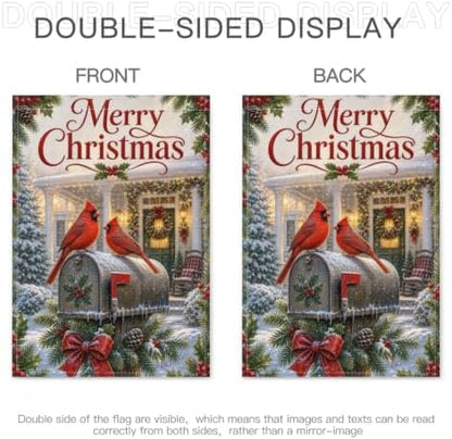 Merry Christmas House Flag 28x40 Inch Cardinal Pair Snowy Mailbox Holly Berry Pinecone Wreath Classic Winter Outdoor Yard Lawn Front Porch Welcome Double Sided Banner Decor