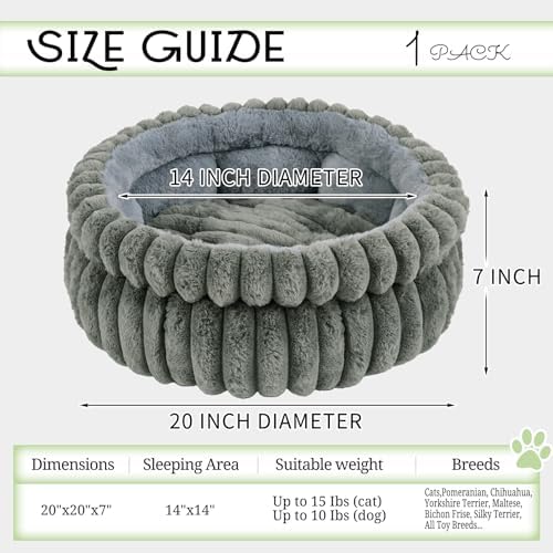 Cat Bed Kitten Bed,Round Dog Bed Cat Bed for Indoor, Soft Plush Fluffy Washable Round Sleeping Pet Bed for Puppy and Kitten with Anti-Slip Bottom (20×20 inch, Grey)