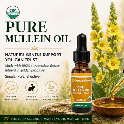 Pure Organic Mullein Oil - Organic Mullein Ear Oil Drops - Natural Ear Care Solution for Earaches, Tinnitus, and Kids - Herbal Mullein Extract Liquid for Soothing Relief (1 oz)