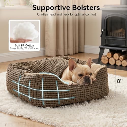 GASUR Dog Beds for Large Medium Small Dogs, Rectangle Cave Hooded Blanket Puppy Bed, Luxury Anti-Anxiety Orthopedic Cat Beds for Indoor Cats, Warmth and Machine Washable(25 inches, Brown)