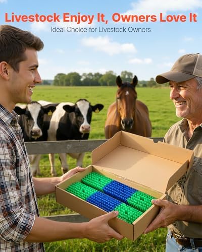 VEVOR Livestock Scratching Brush, 4PCS Goat Scratcher Brush Post with 16 Screws, 16.9" x 3.9" Cow Scratcher for Back Itch Relief, Massage Grooming Scratch Tool for Horse Cattle Sheep Pig, Green & Blue