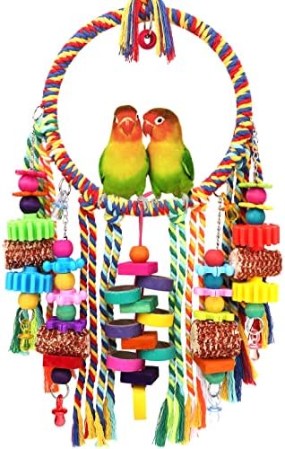 Bird Toys Bird Rope Ring Swing Perch with Corn Cob Cardboard Bagels Wooden Blocks Chewing Toys for Parakeets,Cockatiels,Conure,Lovebirds,Finches and Other Small-Sized Birds