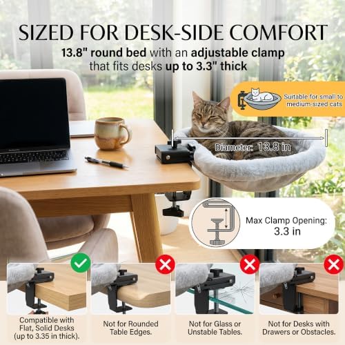 PatiencET Foldable Clamp-On Cat Desk Bed 13.8 Inch with Washable Gray Pad