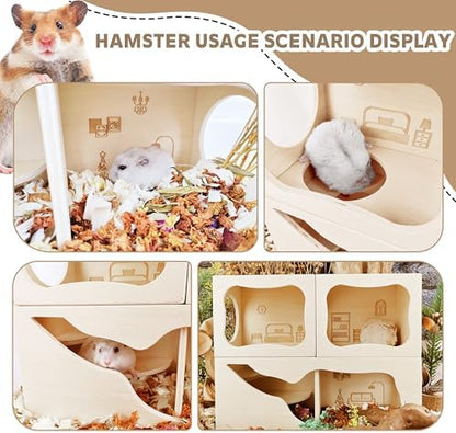 Hamster Hideout Wooden House,Hamsters Multi Chamber Hideout,Small Animal Habitat for Clear Observation,Hamster Toys for Dwarf Hamstersm,Gerbils, Hedgehogs, Rats, Mice