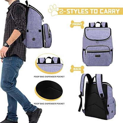 BAGLHER Travel Dog Backpack - Detachable Travel Dog Food Container for Pet Supplies Dog Gear Backpack,Dog Bag for Traveling with 2 Silicone Collapsible Bowls and 2 Food Baskets Purple